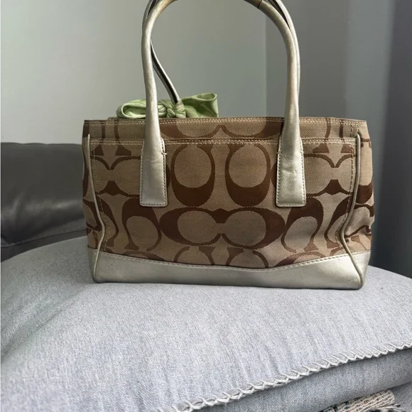 Coach Tan and Green Satchel with Bow Accent - Picture 9 of 10